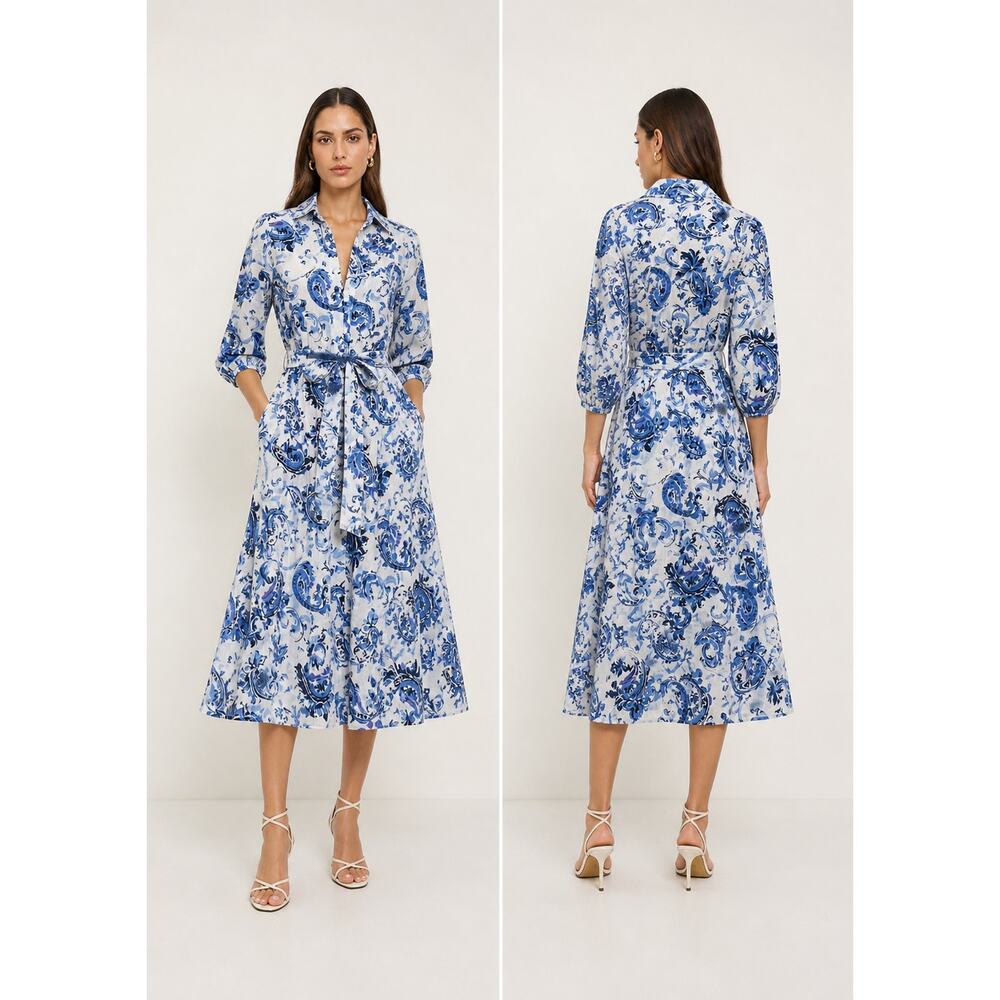 ZARA NWT Blue and White Paisley Printed Midi Shirt Dress Small